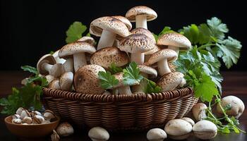 AI generated Freshness of organic edible mushrooms in rustic wooden bowl generated by AI photo