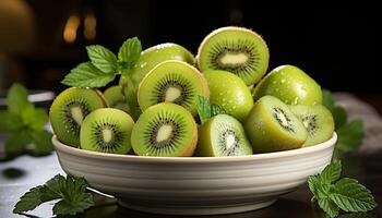 ai generado frescura de maduro kiwi rebanada en de madera mesa, sano bocadillo generado por ai foto