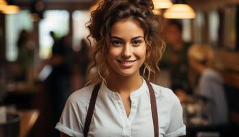 AI generated A cheerful barista, a young woman, smiling confidently generated by AI photo