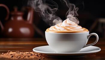 ai generado caliente café taza en de madera mesa con vapor creciente generado por ai foto