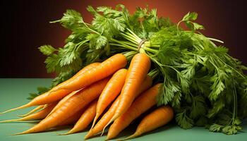 AI generated Fresh, healthy vegetables carrot, parsley, and cilantro on a wooden table generated by AI photo