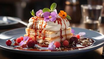 ai generado frescura y dulzura en un plato gastrónomo postre indulgencia generado por ai foto