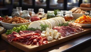 ai generado frescura en mesa gastrónomo comida, jamón, pan, bocadillo generado por ai foto