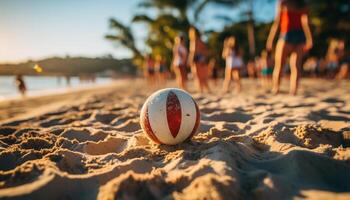 ai generado jugando vóleibol en el arenoso playa, disfrutando verano vacaciones generado por ai foto