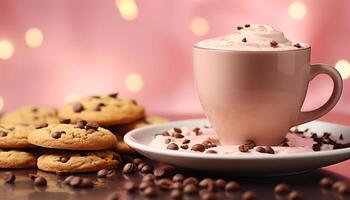 ai generado hecho en casa chocolate chip Galleta en rústico mesa, café descanso generado por ai foto