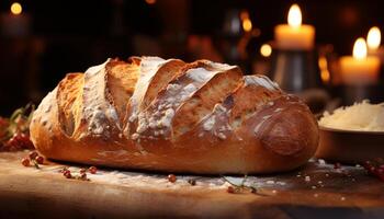 AI generated Freshly baked bread on rustic table, flame of candle generated by AI photo