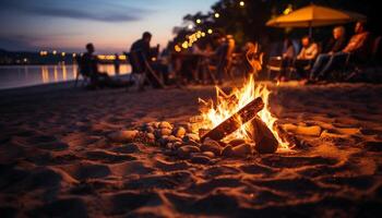 AI generated Men and women enjoy campfire, cooking food, and relaxation generated by AI photo