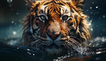 AI generated Majestic tiger stares, reflecting beauty in nature tranquil pond generated by AI photo