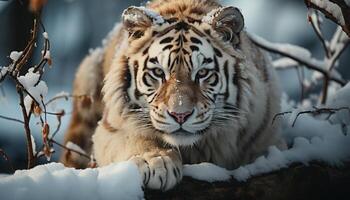 ai generado Tigre acechando, nieve cubierto bosque, feroz mirada, belleza en naturaleza generado por ai foto