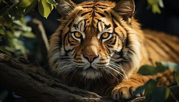 AI generated Majestic Bengal tiger staring, hiding in tropical rainforest generated by AI photo