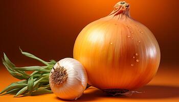AI generated Fresh, organic vegetables pumpkin, onion, garlic, tomato, squash generated by AI photo