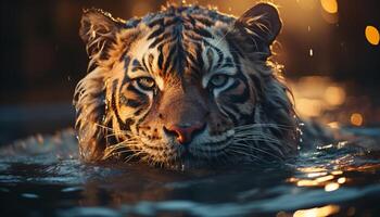 ai generado un majestuoso Bengala tigre, cerca arriba, curioso dentro el agua generado por ai foto