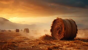 ai generado puesta de sol terminado un rural granja, pajar rodar en prados generado por ai foto