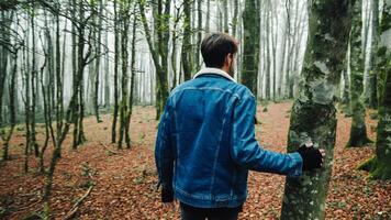 Boy with blue jeans jacket walks in autumn forest with fog photo