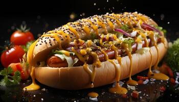 AI generated Grilled meat, tomato, freshness on bun, gourmet indulgence generated by AI photo