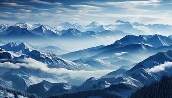 ai generado majestuoso montaña cima, nieve cubierto paisaje, tranquilo escena generado por ai foto