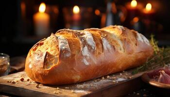 AI generated Freshly baked bread on rustic table, flame adds warmth generated by AI photo