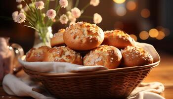 AI generated Freshness of homemade dessert, sweet bread on rustic wooden table generated by AI photo