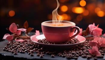 AI generated Hot coffee on wooden table, steam rises, nature aromatherapy generated by AI photo