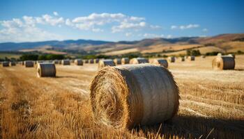 AI generated Agriculture beauty in nature rolled up haystacks in meadow generated by AI photo