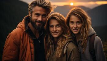 ai generado sonriente al aire libre, hombres y mujer encontrar felicidad en naturaleza generado por ai foto