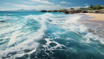 AI generated Blue water waves crash against the rocky coastline generated by AI photo