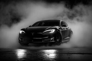 AI generated Polished shiny beautiful black car on dark isolated background for website or print design generative AI photo