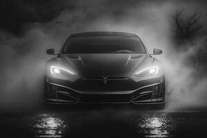 AI generated Polished shiny beautiful black car on dark isolated background for website or print design generative AI photo