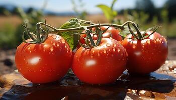 AI generated Fresh organic tomato, a drop of water, nature healthy refreshment generated by AI photo