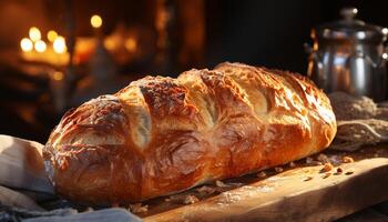 AI generated Freshly baked bread on wooden table, ready to eat and delicious generated by AI photo