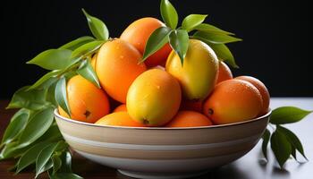 AI generated Fresh, ripe citrus fruit on a green leaf in a bowl generated by AI photo