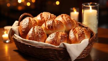 AI generated Freshly baked bread on wooden table, a delicious homemade snack generated by AI photo