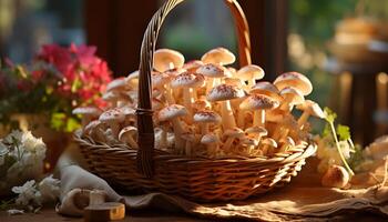 AI generated Fresh autumn vegetables on a rustic wicker table in nature generated by AI photo