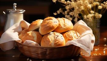 AI generated Freshly baked bread on wooden table, a delicious homemade snack generated by AI photo