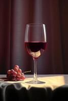 AI generated A glass of red wine beside a cluster of grapes on a table photo