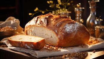 AI generated Freshly baked rustic bread on wooden table, ready to eat gourmet meal generated by AI photo