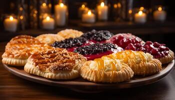 AI generated Homemade sweet pie, fresh berries, and chocolate on rustic table generated by AI photo