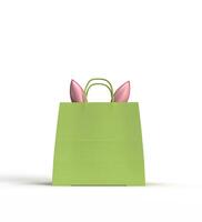 Bag green color rabbit bunny ear mock up empty white isolated background dicut happy easter egg march april month cute gift traditional springtime present gift religion cartoon idea vertical happy photo