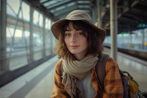 ai generado un joven mujer en un tren estación usa marrón a cuadros camisa y mochila foto