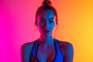 AI generated a fitness blogger standing in isolated minimalist color background dynamic fluorescent lighting photo