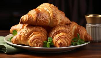 AI generated Freshly baked croissant on wooden plate, a gourmet French snack generated by AI photo