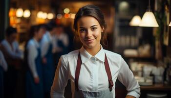 ai generado un confidente mujer de negocios sonriente, mirando a cámara, en pie adentro generado por ai foto