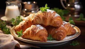 AI generated Fresh croissant on wooden table, a gourmet French pastry delight generated by AI photo