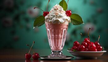 ai generado frescura de verano en un gastrónomo postre en de madera mesa generado por ai foto