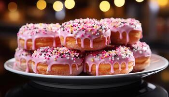 AI generated Homemade gourmet donut, sweet temptation on pink plate generated by AI photo
