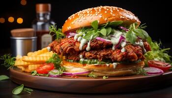 AI generated Grilled beef burger on homemade ciabatta, with fresh tomato generated by AI photo