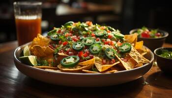 AI generated Freshness and spice on a plate, guacamole taco meal generated by AI photo