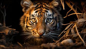 AI generated Majestic tiger, fierce and alert, in tranquil rainforest generated by AI photo