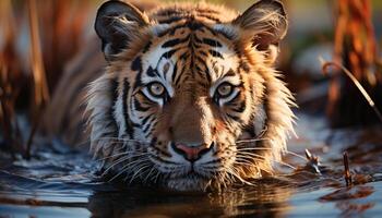 AI generated Bengal tiger staring, majestic beauty in nature tranquil wilderness generated by AI photo