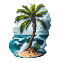 AI generated summer graphic tropical island with ocean waves and palm tree png